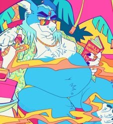 2023 anthro beach belly big_belly blue_fur chocodile cigar colorful fluffy furry jewelry long_hair male moobs older_male open_shirt overweight overweight_male rabbit sitting smirk smoke solo speedo sunglasses thick_thighs vacation white_fur