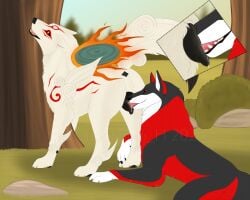 amaterasu amaterasu_(okami) anatomically_correct_pussy bodily_fluids body_markings canid canine canine_pussy canis capcom cinna_(fyriwolf666) cunnilingus duo female feral fur genital_fluids hedonophobia_h hi_res licking looking_back_at_partner looking_pleasured male male/female mammal okami okami_(capcom) oral red_eyes red_markings sex tongue vaginal_fluids vaginal_penetration white_body white_fur wolf wolf_ears wolf_girl wolf_tail yellow_eyes