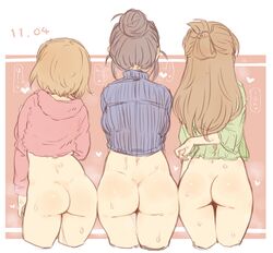 3girls 7010 arm_at_side arm_behind_back ass ass-to-ass black_hair bottomless brown_hair butt_crack cowboy_shot cropped_legs dated ebihara_naho folded_ponytail from_behind hair_bun heart idolmaster idolmaster_cinderella_girls long_hair makihara_shiho midriff mimura_kanako multiple_girls short_hair simple_background sweat thigh_gap thighs wet