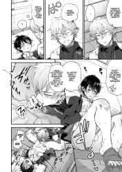 2boys blowjob blush blushed_face cute_face dick doujinshi elf english_text moaning moaning_in_pleasure original_character original_characters semi-nude smile suprised suprised_look yaoi