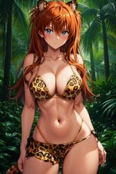 1girl ai-created ai_generated animal_ears animal_print animal_tail asuka_langley_sohryu bangs bare_arms bare_shoulders bikini bikini_bottom blue_eyes blush breasts brown_hair clavicle cleavage closed_mouth clothing cowboy_shot day female female_only forest hair_between_eyes hair_ornament halterneck high_resolution interface_headset jewelry jungle large_breasts leopard_print long_hair looking_at_viewer medium_breasts nature navel neon_genesis_evangelion orange_hair outdoors palm_leaf palm_tree pixiv plant print_bikini print_swimsuit rena_aikawa_(pixiv_user) sarong shiny shiny_skin side-tie_bikini_bottom side-tie_clothing side-tie_swimsuit sky smile solo standing stomach string_bikini striped swimsuit tail thighs tied_hair tiger_ears tiger_print tiger_tail torn_clothes tree tribal_clothing very_long_hair