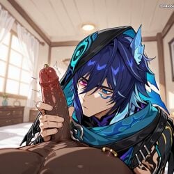 1boy ai_generated background blue blurry curtains dark depth eyes field foreground genshin_impact hair heterochromia indoors male_only nipples of only_male ororon_(genshin_impact) penis skin tattoo testicles uncensored windows