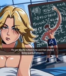 1boy 1girls annoyed blonde_hair blue_eyes boxers chalkboard fantastic_four half-closed_eyes implied_after_sex invisible_woman invisible_woman_(marvel_rivals) marvel marvel_rivals medium_breasts mr_fantastic mr_fantastic_(marvel_rivals) reed_richards sue_richards sue_storm tinafate1