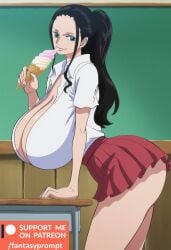 ai_generated anime ass_up bending_over bent_over black_hair blue_eyes breasts_bigger_than_head breasts_squeezed_together classroom cleavage clothed clothed_female clothing eating eating_food fantasyprompt female female_only full_body gigantic_breasts huge_ass huge_breasts ice_cream light_smile long_hair narrow_waist nico_robin one_piece open_clothes red_skirt revealing_clothes school_uniform schoolgirl seductive_look shirt short_skirt skirt slim_waist smile thick_thighs tied_hair tight_clothing tight_fit white_shirt wide_hips