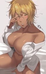 1girls 2025 big_breasts bleach blonde_hair breasts covered_nipples dark-skinned_female dark_skin female female_focus female_only green_eyes large_breasts legs_apart mature mature_female messy_hair nijiran no_bra no_panties sitting tia_harribel