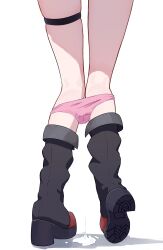 absurdres argusrho_01 black_boots blue_archive boots female heel_up highres kneepits legs lower_body mutsuki_(blue_archive) panties panty_pull pink_panties simple_background skindentation solo standing thigh_strap underwear white_background