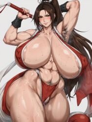 1girls ai_generated breasts_bigger_than_head bubble_butt fatal_fury female hairy hairy_armpits hairy_pussy huge_ass huge_breasts king_of_fighters kunaboto_(style) mai_shiranui mature_female shiny_skin thick_ass thick_thighs voluptuous voluptuous_female wide_hips