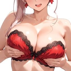 2025 ai_generated hands_on_boobs hands_on_breasts instagram looking_at_viewer meta open_mouth open_mouth open_mouth_smile pink_hair_female red_earrings red_lingerie smile_at_viewer smiling_at_viewer ten01c touching_boobs touching_breasts unknown_character white_background