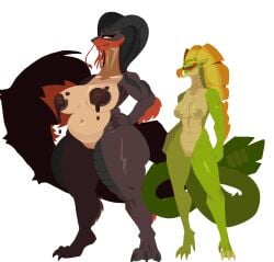 almudron alpha_channel anthro artist_715 beak breasts capcom duo female hi_res leviathan_(mh) long_tail looking_at_breasts monster_hunter mud_on_breasts najarala simple_background smug_face snake_wyvern tail thick_thighs transparent_background whiskers