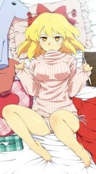 1girls bed big_breasts blonde_hair feet female laying_down medium_breasts panties pillow red_ribbon ribbon satsuki_rin shinburu solo sweater thighs tissue_box touhou yellow_eyes