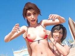 2girls 3d beach black_hair bra breasts breasts_out brown_hair female female_focus final_fantasy final_fantasy_vii final_fantasy_vii_remake jessie_rasberry medium_breasts nipples phantaseye removing_bra short_hair summer teenage_girl teenager tied_hair yuffie_kisaragi