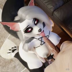 3d_(artwork) absurd_res anthro ap_3d_artist balls bedroom_eyes black_fingernails black_nails blender_(artwork) breasts canid canine chest_harness clothing colored_nails digital_media_(artwork) duo ear_piercing ear_ring fellatio female fingerless_gloves fingernails fluffy fluffy_tail fur genitals gloves grey_body grey_fur hair handwear harness helluva_boss hi_res human legwear long_hair long_nails looking_at_viewer loona_(helluva_boss) male male/female mammal nails narrowed_eyes nipples notched_ear nude nude_anthro nude_female nude_male oral paws penile penis piercing pov_blowjob red_sclera ring_piercing seductive sex sitting sitting_on_ground smile snout stockings tail tongue tongue_out white_body white_eyes white_fur