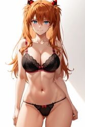 1girl ai-created ai_generated asuka_langley_sohryu bangs bare_shoulders black_bra black_clothes black_panties black_underwear blue_eyes blush bow bow_bra bow_panties bra breasts brown_hair cameltoe clavicle cleavage closed_mouth clothing cowboy_shot eyebrows eyebrows_visible_through_hair female female_only gluteal_fold hair_between_eyes hair_ornament headgear headwear high_resolution interface_headset lace lace-trimmed_bra lace_trim large_breasts lingerie long_hair looking_at_viewer medium_breasts navel neon_genesis_evangelion orange_hair pantsu pixiv rena_aikawa_(pixiv_user) shiny simple_background skindentation smile solo stable_diffusion standing stomach thigh_gap thighs two_side_up underwear underwear_only very_long_hair white_background