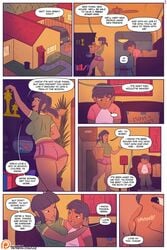 big_ass big_breasts black_hair brother_and_sister comic dark-skinned_female dark-skinned_male kiss_on_cheek laz_(madefromlazers) looking_back ponytail short_shorts speech_bubble there_goes_the_neighborhood thick_thighs