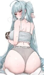 1girls absurdres ass blue_hair blush breasts camisole character_doll commander_(nikke) doll female from_behind goddess_of_victory:_nikke grey_camisole grey_panties highres holding holding_doll large_breasts long_hair looking_at_viewer looking_back mochirong panties privaty_(nikke) sitting solo sweat twintails underwear wariza white_background yellow_eyes