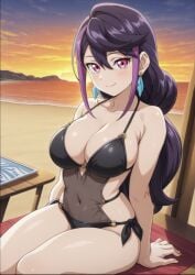 1girls ai_generated bikini blush earrings female huge_breasts kurosaki_ruri looking_at_viewer low_res lulu_obsidian navel pose purple_hair red_eyes seductive seductive_smile sitting smile solo thighs voluptuous yu-gi-oh! yu-gi-oh!_arc-v