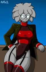 1female female_only garter_belt glasses gray_fur leotard puffle puffle_sarah_(puffledreemurr) puffledreemurr stockings suit_jacket turtleneck_leotard