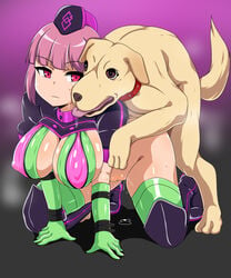 1girls all_fours belt boots braid breasts brown_eyes canine cleavage clipboard collar comic condom doggy_style erect_nipples expressionless fate/grand_order fate_(series) female female_human/male_feral feral florence_nightingale_(fate) florence_nightingale_(trick_or_treatment)_(fate) garter_straps green_legwear hair_ribbon hat highres human id_card interspecies kani_club large_breasts long_hair miniskirt navel nurse_cap pink_hair purple_eyes ribbon single_braid skirt thigh_boots thighhighs tongue tongue_out translation_request trick_or_treatment used_condom very_long_hair zoophilia