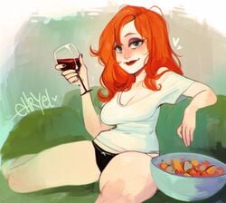 1girls black_panties blush breasts drunk ehryel eyeshadow female female_only freckles gardnerverse lipstick liz_gardner long_hair makeup milf orange_hair panties shirt sitting solo t-shirt wine