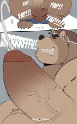 2023 anthro areola artist_name balls barazoku bathroom bear belly biceps big_balls big_muscles big_penis biped black_eyebrows black_nose bodily_fluids bottomless bottomwear bottomwear_down brown_body brown_fur brown_hair chest_tuft clenched_teeth closed_eyes clothed clothing comic crotch_tuft cum cumshot cyan_background deltoids digital_media_(artwork) ejaculation erection exposed eyebrows fingers forearm_muscles foreskin fur genital_fluids genitals glans hair hi_res humanoid_genitalia humanoid_hands humanoid_penis legwear male mammal masturbation monotone_body mostly_nude multiple_scenes musclegut muscular muscular_anthro muscular_male navel neck_tuft nipples nude obliques onomatopoeia orgasm overweight pants pants_down partially_clothed patreon patreon_logo patreon_username paws pecs penetration penile penile_masturbation penis perineum precum presenting presenting_penis quads red_glans seductive sequence shaking side_view signature simple_background solo sound_effects speech_bubble stocky teeth teeth_showing text toony topless tuft twitter twitter_logo vein veiny_penis vitashi