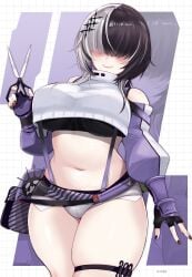 bare_shoulders barely_visible_genitalia belly black_hair black_nails cosplay cowboy_shot crop_top crossover elegg_(nikke) eyes_covered fingerless_gloves genital_outline goddess_of_victory:_nikke goth goth_girl grey_shirt grey_shorts hair_ornament hair_over_eyes holding_object hololive huge_breasts kivo midriff midriff_baring_shirt multicolored_hair plump pussy_outline scissors shiori_novella shorts skirt smirk smug split-color_hair sports_bra stomach streaked_hair thick_thighs thigh_strap underboob virtual_youtuber white_hair