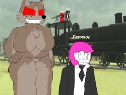 1girls 3boys big_ass big_breasts big_butt big_hips brown_body brown_fur fermoc_(lightusersergio) furry furry_female lightusersergio_(artist) pink_eyes pink_hair red_eyes tagme taller_female train white_skin