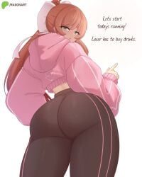 ass_bigger_than_head back_view big_ass bomber_jacket brown_hair child_bearing_hips doki_doki_literature_club green_eyes jacket large_ass leggings long_hair looking_at_viewer monika_(doki_doki_literature_club) raionart slim_waist tagme teenager thick_thighs tied_hair wide_hips yoga_pants