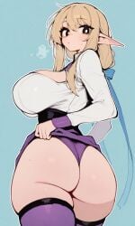 ai_generated big_breasts black_corset black_eyes blonde_hair blue_ribbon blush breast_window breasts_bigger_than_head elf_ears elf_female elf_girl fat_ass female female_focus hair_between_eyes lifting_skirt line_art looking_at_viewer looking_back purple_panties purple_stockings rcos shiny shiny_ass shiny_breasts shiny_clothes shiny_hair shiny_skin small_mouth solo solo_female solo_focus sweatdrop thick_thighs thigh_bulge