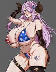 1girls american_flag_bikini areola_slip blue_eyes breasts draph female gloves granblue_fantasy horns huge_breasts large_areolae long_hair looking_at_viewer narmaya_(granblue_fantasy) navel open_mouth purple_hair queen_of_hearts single_elbow_glove single_thighhigh solo tattoo wide_hips