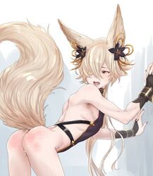 1boy @@@ animal_ears ass backless_outfit blush collar elbow_gloves erun_(granblue_fantasy) fingerless_gloves fox_ears fox_tail gloves granblue_fantasy hair_ornament hair_over_one_eye kou_(granblue_fantasy) long_hair male open_mouth tail