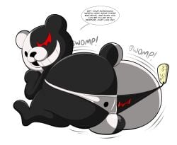 absurd_res anthro ass bear big_butt bulge clothed clothing danganronpa dialogue fake_advertisement hi_res looking_at_viewer male male_only mammal monokuma motion_lines onomatopoeia presenting presenting_hindquarters price_tag skimpy solo sound_effects spike_chunsoft tepigfan101 text themed_clothing thong underwear