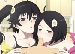 araragi_karen araragi_koyomi araragi_tsukihi black_eyes black_hair blowjob brother_and_sister cum cum_in_mouth hedit incest monogatari_(series) oral pov sisters threesome