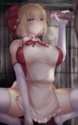 1boy 1boy1girl 1girls big_breasts blonde_hair bottomless female holding_penis japanese_clothes male medium_hair penis red_ribbon ribbon satsuki_rin shounen_(hogehoge) shrine_maiden squatting thighhighs touhou yellow_eyes