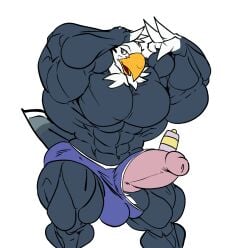 2020 4_fingers absurd_res accipitrid accipitriform animal_crossing anthro apollo_(animal_crossing) avian balls beak big_balls big_muscles big_penis bird black_balls black_body black_fur clothed clothing eagle erection fierglief fingers fur genitals hi_res huge_balls huge_cock huge_muscles hyper hyper_balls hyper_genitalia hyper_muscles hyper_penis male male_only muscular nintendo penis pink_penis simple_background solo standing stretched_clothing underwear underwear_only white_background