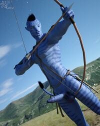 3d alien angle_view balls blue_body bow_(weapon) digital_media_(artwork) erection genitals hi_res humanoid james_cameron's_avatar kazuworks male muscular penis ranged_weapon solo standing tagme tail vein veiny_penis weapon