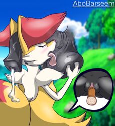 abobarseem_(artist) ball_lick balls braixen crotch_sniffing cum duo equine female hi_res holding_balls horse horsecock licking male mammal musk nintendo oral penis pokémon_(species) pokemon pokemon_(species) pussy pussy_juice saliva sex sniffing solo_focus straight tongue tongue_out vaginal_penetration video_games