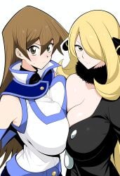 2girls ai_generated alexis_rhodes big_breasts blush breast_press breasts crossover cynthia_(pokemon) female_focus looking_at_viewer nintendo novelai pokemon self_upload tenjouin_asuka white_background yu-gi-oh! yu-gi-oh!_gx yuri