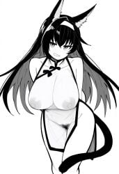 alternate_costume animal_ears arknights arms_behind_back bare_shoulders blaze_(arknights) breasts china_dress chinese_clothes commentary_request cowboy_shot dress female female_pubic_hair greyscale groin hair_between_eyes hair_intakes hairband highres large_breasts light_blush long_hair looking_at_viewer makigirisu monochrome nipples pelvic_curtain pubic_hair pussy side_slit sleeveless sleeveless_dress smile solo standing tail