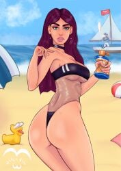 1futa 2022 ass awooga beach beach_background breasts eyes_popping_out futa_only futanari gris_swimsuit ocean original_character rubber_duck slickvic sunscreen swimsuit