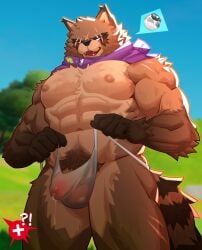 !? 1boy abs animal_ears bara blue_sky claws cross_scar english_commentary fangs fortnite furry furry_male hajime_(fortnite) highres male_focus male_only male_underwear muscular muscular_male nipples obstacle033 open_mouth pectorals penis precum precum_through_clothes purple_scarf raccoon_boy raccoon_ears raccoon_tail scar scar_across_eye scar_on_face scarf sky speech_bubble spoken_object tail testicles topless_male tree underwear white_male_underwear