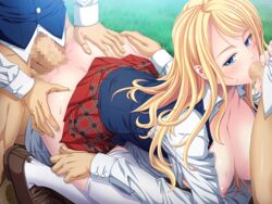 anal areolae ass ass_grab blonde_hair blouse blue_eyes blue_jacket blush bottomless breasts breasts_out brown_footwear brown_shoes censored clothed_sex double_penetration feet fellatio female footwear foursome game_cg gangbang grass highres huge_breasts legs legwear long_hair looking_back lying lying_on_person mosaic_censoring nipples no_bra no_panties on_stomach open_clothes oral original outdoors penis plaid_skirt school_uniform sex shirt shoes short_skirt skirt skirt_lift solo_focus spitroast sweat tartan_skirt thighhighs thighs triple_penetration vaginal_penetration watashi,_hentai_ni_nacchau:_kore_ga_akogare_no_ryuugaku_seikatsu!? white_blouse white_legwear white_shirt white_thighhighs yoshizawa_tomoaki