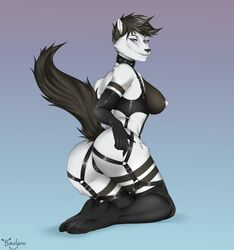 2019 5_fingers anthro armwear ass babayana black_fur black_hair black_nose blue_eyes breasts canid canine canis clothing collar elbow_gloves female fingers fur gloves hair handwear hi_res koru_(koru_wolf) leg_warmers legwear looking_at_viewer looking_back mammal nipples nude pussy rear_view rubber smile solo watermark white_fur white_nipples white_pussy wolf