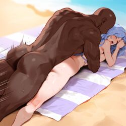 1boy 1girls ahe ai ai_generated apart blue_eyes blue_hair breasts dark dark-skinned_male faceless female female_legs gao_ahoge long_hair male medium_breasts minah open_mouth outdoors skin spread_legs tongue