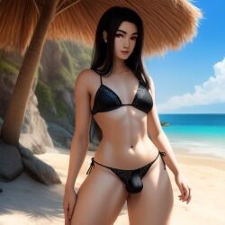 ai_generated beach bikini black_bikini black_hair black_haired_futa dickgirl frosting.ai futa_only guilty_gear guilty_gear_strive hourglass_figure penis_bulge purple_letter realistic_breast_size realistic_penis_size red_eyes self_upload solo solo_futa testament_(guilty_gear)