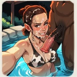 ai_generated bikini black_bikini cock_worship cowprint cowprint_bikini cum_on_face dark-skinned_male dramatic_lighting facial fire large_penis licking licking_penis medium_breasts minotaur penis_on_face rey selfie selfie_pose smile star_wars tongue tongue_out