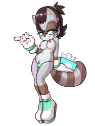 alpha_channel anthro boots brown_hair clothing fan_character female footwear fours_(artist) freckles fur gloves green_eyes grey_body grey_fur hair handwear hi_res holding_object lurk_the_raccoon mammal ponytail procyonid raccoon sega solo sonic_(series) sonic_the_hedgehog_(series) tissue_box