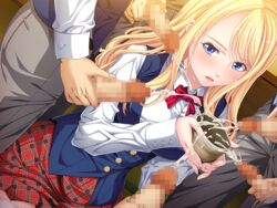 blonde_hair blue_eyes blush bowtie breasts censored collared_shirt cum ejaculation female game_cg gangbang highres holding indoors kneeling large_breasts legs long_hair long_sleeves looking_at_another masturbation mosaic_censoring original parted_lips penis plaid_skirt school_uniform skirt solo_focus standing thighhighs thighs unzipped watashi,_hentai_ni_nacchau:_kore_ga_akogare_no_ryuugaku_seikatsu!? yoshizawa_tomoaki