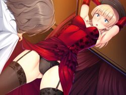 armpits arms_up bare_shoulders black_legwear black_panties black_suspenders blonde_hair blue_eyes blush breasts cameltoe cleavage dress dress_lift earrings elbow_gloves erect_nipples eyebrows eyebrows_visible_through_hair female from_below game_cg garter_straps gloves highres indoors legs legwear long_hair looking_down medium_breasts oohara_kyuutarou original panties parted_lips red_dress red_gloves seishukujo_he_no_aiiku_choukyou:_somerareru_junketsu shirt solo_focus standing strapless suspenders thighhighs thighs underwear upskirt white_shirt