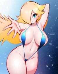 1girls :o big_breasts bikini blonde_hair blue_bikini blue_eyes breasts child_bearing_hips curvy extended_arm female female_only hair_over_one_eye jaxartdump large_breasts long_hair looking_at_viewer mario_(series) narrow_waist navel nintendo princess_rosalina slender_waist sling_bikini solo super_mario_galaxy thighs underwater voluptuous wide_hips