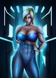 big_breasts blonde_hair blue_eyes highres hips ivan_khudoy looking_at_viewer metroid mole_under_mouth muscular_female pantyhose pulling_own_clothes samus_aran smile solo standing thick_thighs translucent_clothing